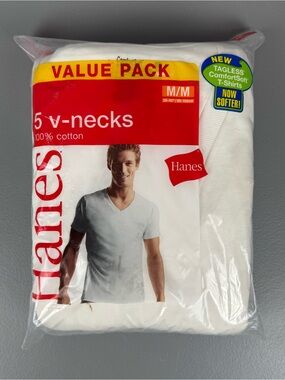 VTG Hanes T-Shirt Men M 38-40" White 5 Pack V-Neck Tagless Cotton 777P5 NOS 2006